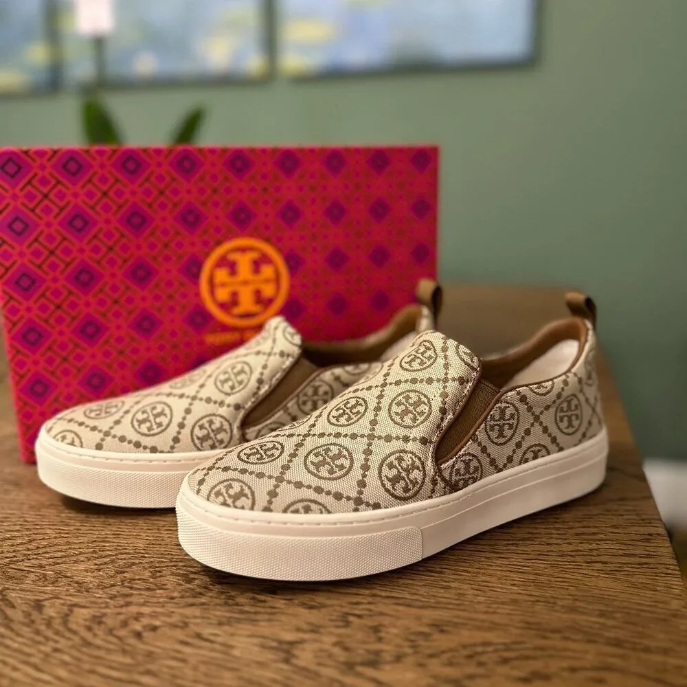 NWT！NEW！Tory Burch T Monogram Slip On Sneaker Leather /Jacquard Hazel Brown US 6